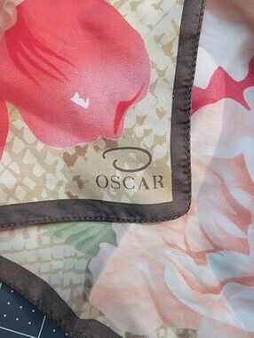 Vintage '80s Floral Silk Scarf in Coral, Peach and Brown - Oscar De La Renta